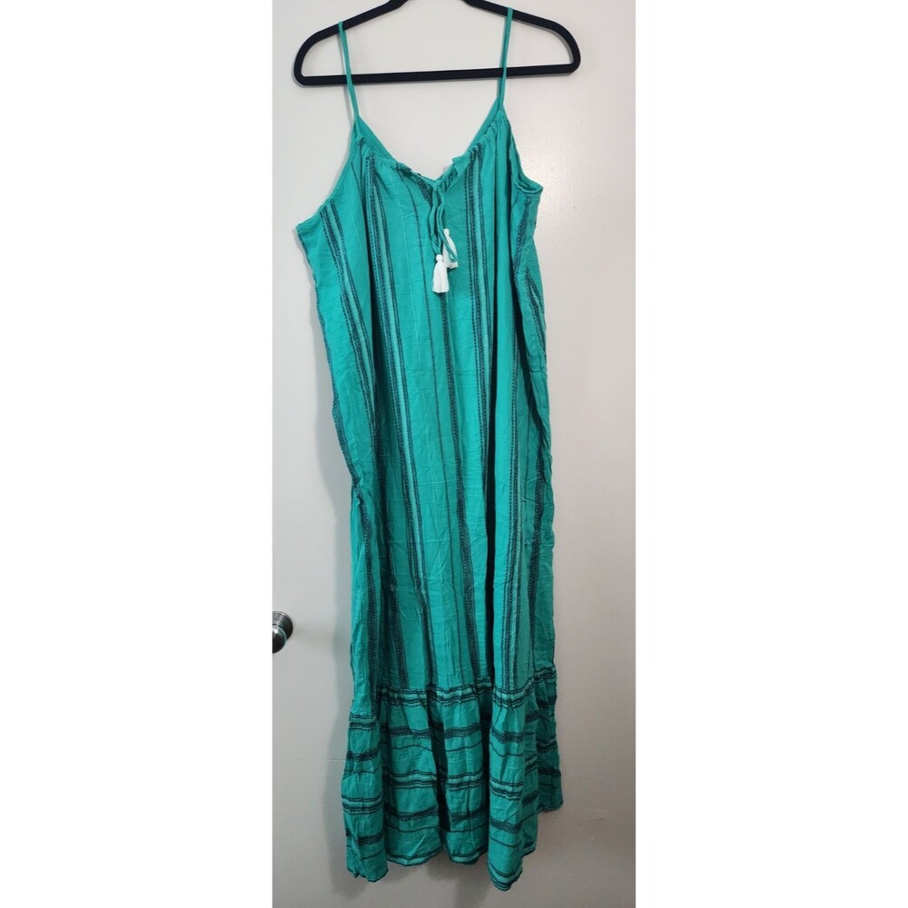 Time & Tru Womens Sz XXL 20 Tiered Green Striped Maxi Dress Tassel Lined Cotton - Picture 2 of 8